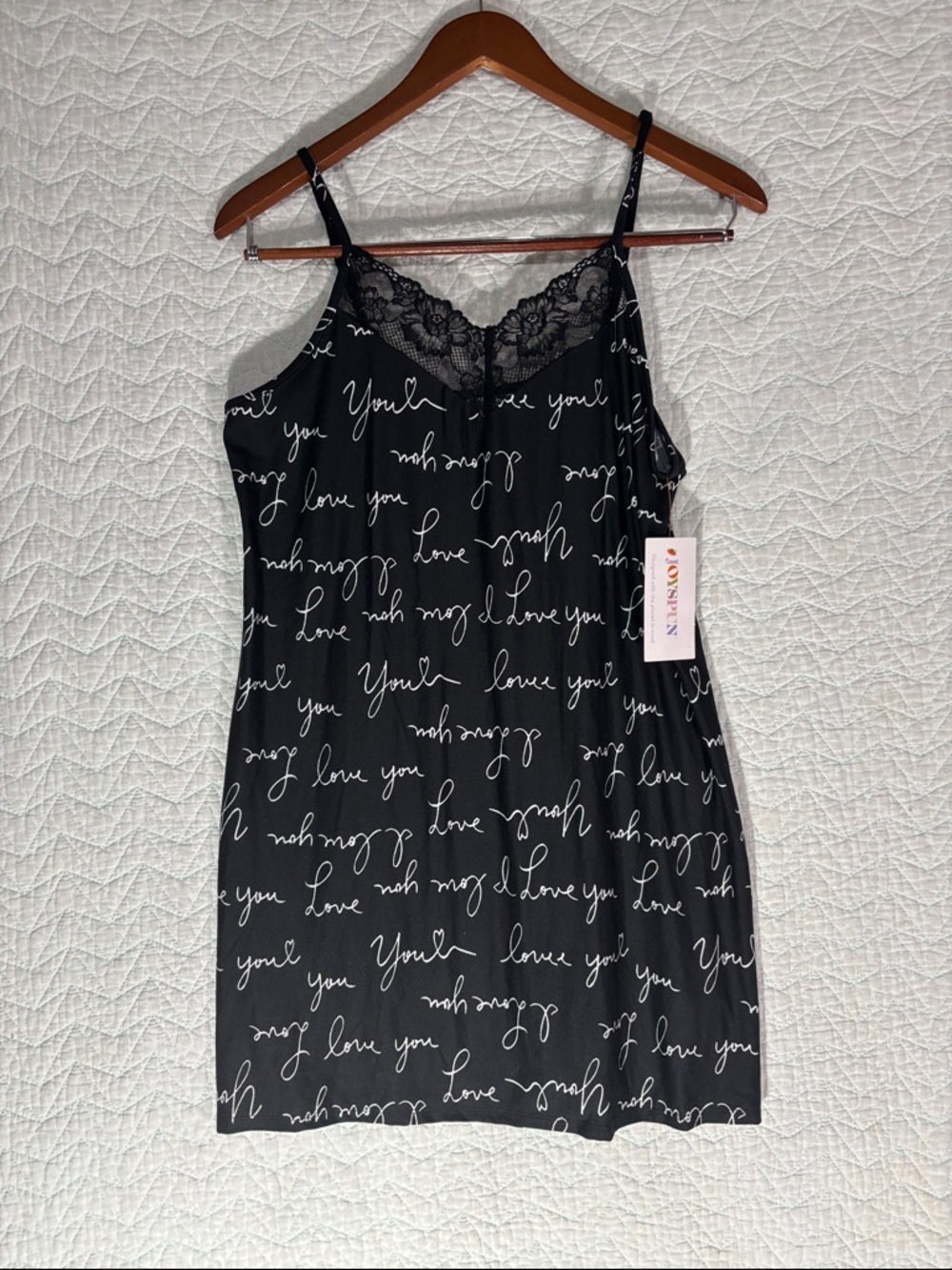 Lace-Trim 'Love You' Script Chemise - Black